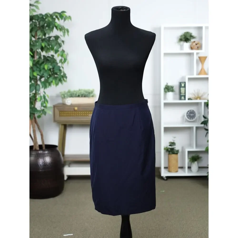 Vintage Paul Stuart Made in Italy Navy Silk Blend A-Line Midi Skirt Quiet Luxury